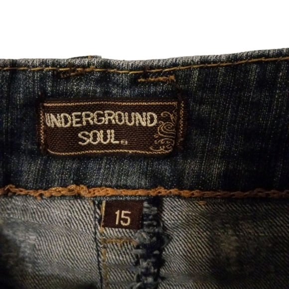 Underground Soul Distressed w. Tan Stitching Design Stretch Jean Shorts Sz.15 - Picture 4 of 8